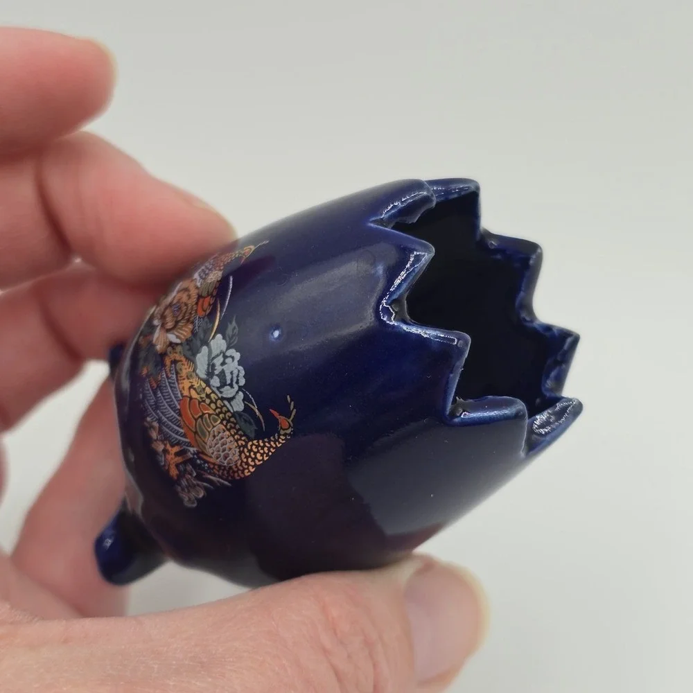 Cobalt Blue Oriental Tripod Toothpicks Holder Bud Vase Peacock Motif‎ 2.5